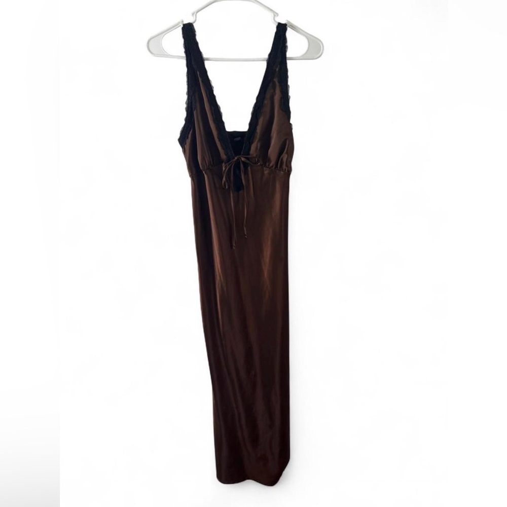 Wild Fable Brown Satin Babydoll Dress Lace Trim Tie Front Y2K Whimsigoth  Small